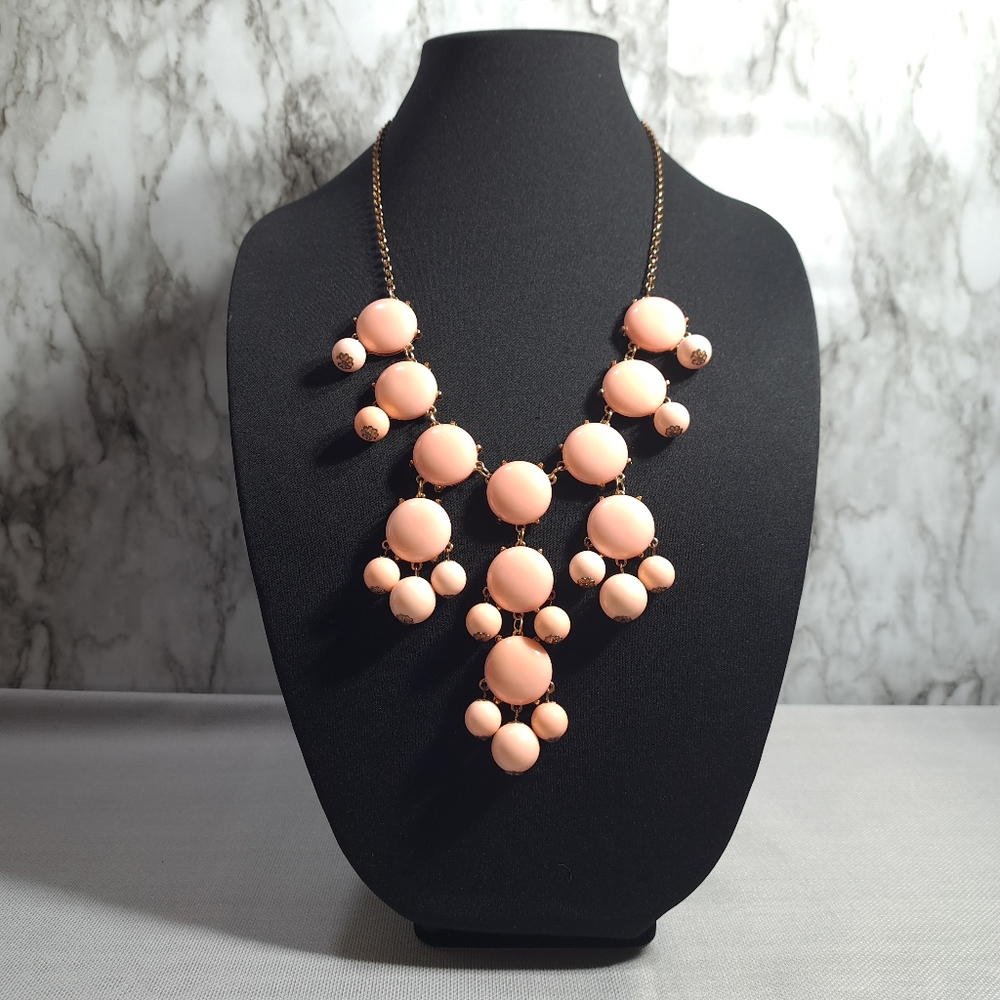 Vintage Women Necklace Boho Salmon Colored Bubble Bib Bronze Tone‎ Chain 16 inch